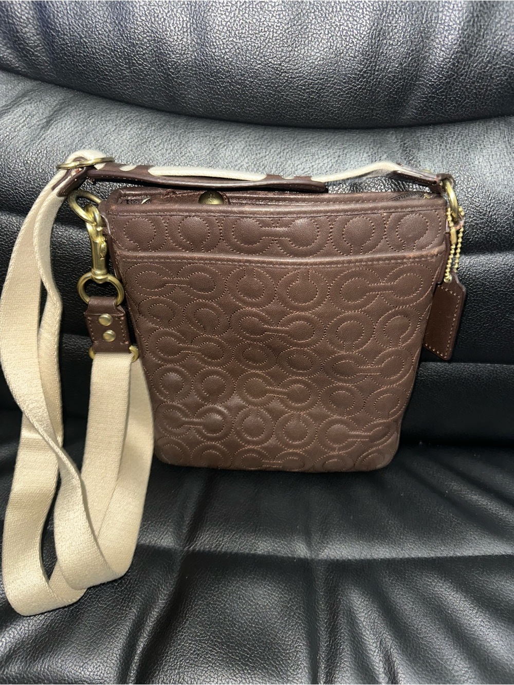Coach Brown Embossed Signature Leather Crossbody with Beige Strap